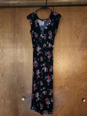 Xhilaration Black Jump Suit with Red & Pink Floral Accents